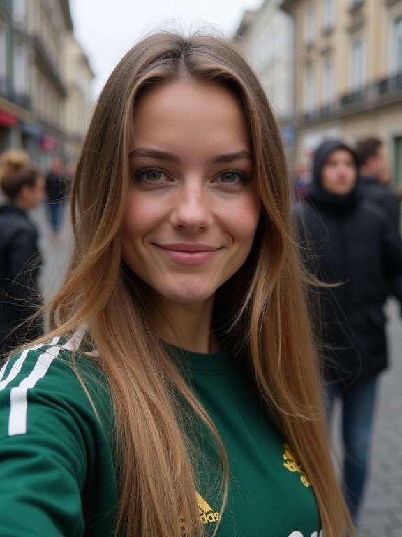 Ultra-photorealistic selfie of a beautiful young woman with long light brown hair. She is in São Paulo wearing a green Adidas top. The background shows blurred people and urban scenery. She has a subtle smile and wears light makeup.