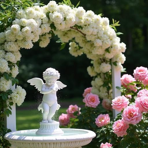 A white cherub fountain in a pink rose garden on a bright sunny day. White hydrangea hanging down from a white arbor with pink roses.