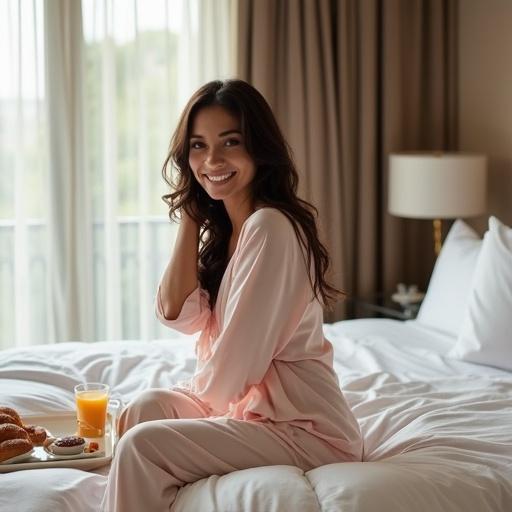 A brunette woman sits on a hotel bed wearing satin pajamas. The bed has white sheets and a breakfast tray is nearby with croissants and juice. Sunlight filters through the window, illuminating the room. The scene conveys comfort and a luxurious morning vibe.