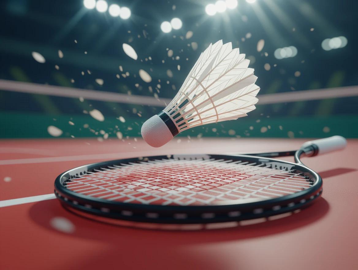 Cinematic close-up of a shuttlecock falling onto a badminton racket. The shuttlecock is frozen in mid-air just before touching the strings. Dynamic low-angle view emphasizes detailed feathers and string bed with visible tension. Dramatic indoor sports lighting creates soft shadows and highlights. Blurred court background reveals faint lines. Shallow depth of field keeps sharp focus on shuttlecock and racket head. The image is a photorealistic 8k rendering presenting an intense atmosphere with stylized sports photography composition.