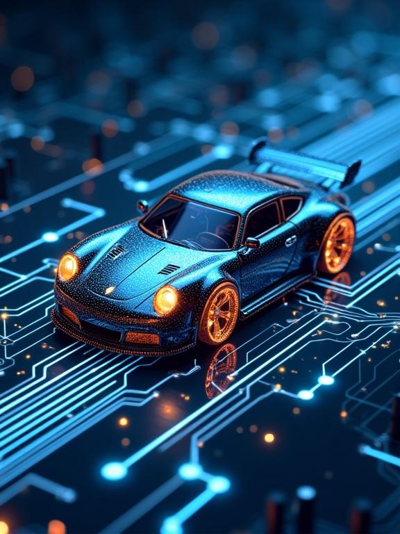 Image for the cover of a book about electric circuits in vehicles. Features a model sports car on a circuit board background. Bright and futuristic theme.