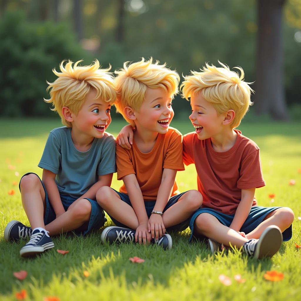 Three teen boys with blond hair sit on a grassy lawn. They share laughter and jokes. Their clothing is casual and colorful. The setting is bright and sunny. The scene captures the essence of friendship and joy.