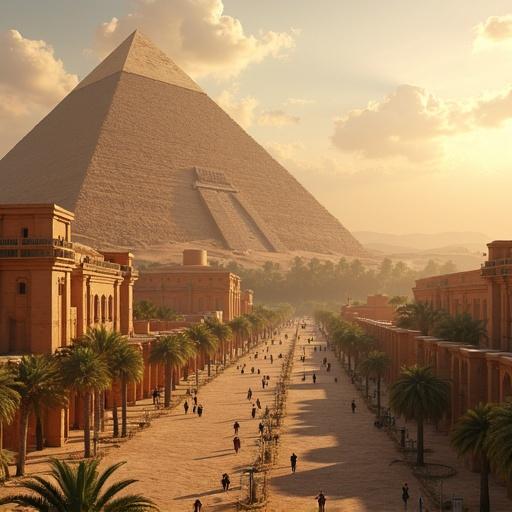 Generate a realistic photograph of a futuristically depicted ancient Egyptian city with a focus on architectural detail and a clear view of the Great Pyramid in the background during sunset.