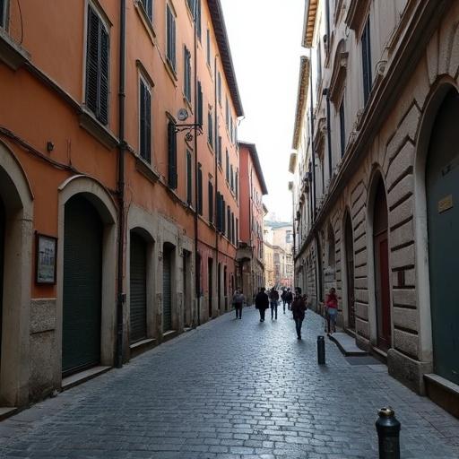 A quiet street in a city with tall buildings on both sides. The street is paved with cobblestones. Pedestrians walk leisurely along the path. The buildings have colorful facades. Natural light illuminates the scene. There are no vehicles in sight. It feels peaceful and inviting.