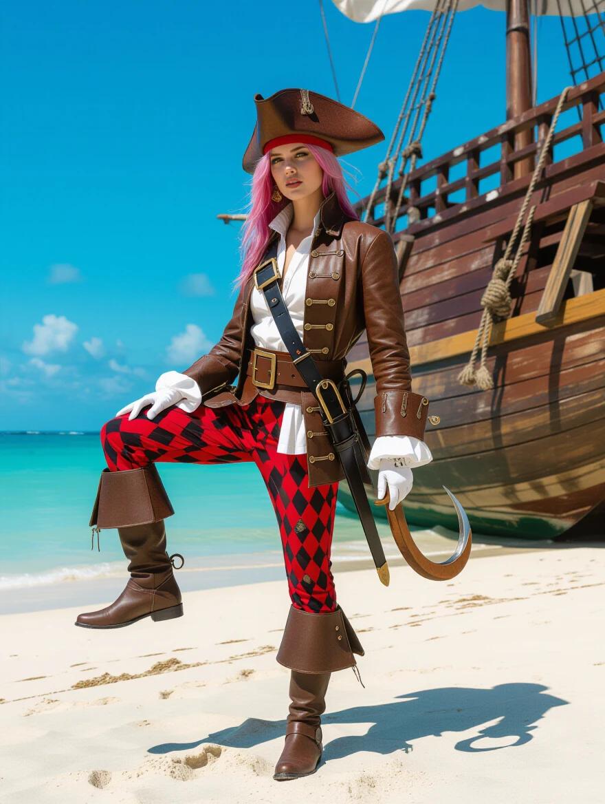 Photograph of a person dressed as a pirate standing on a sandy beach. Large wooden ship in background with a bright blue sky. The person wears a brown tricorn hat and leather jacket. Red and black patterned pants with brown boots. White gloves and a black belt. Holding a wooden hook in right hand. Left leg lifted bent at the knee. Shadow on the ground. Ship's hull on the right side. Ship details visible with large wheel and ropes. Dynamic pose suggests walking or dancing. Adventure-themed and vibrant colors.