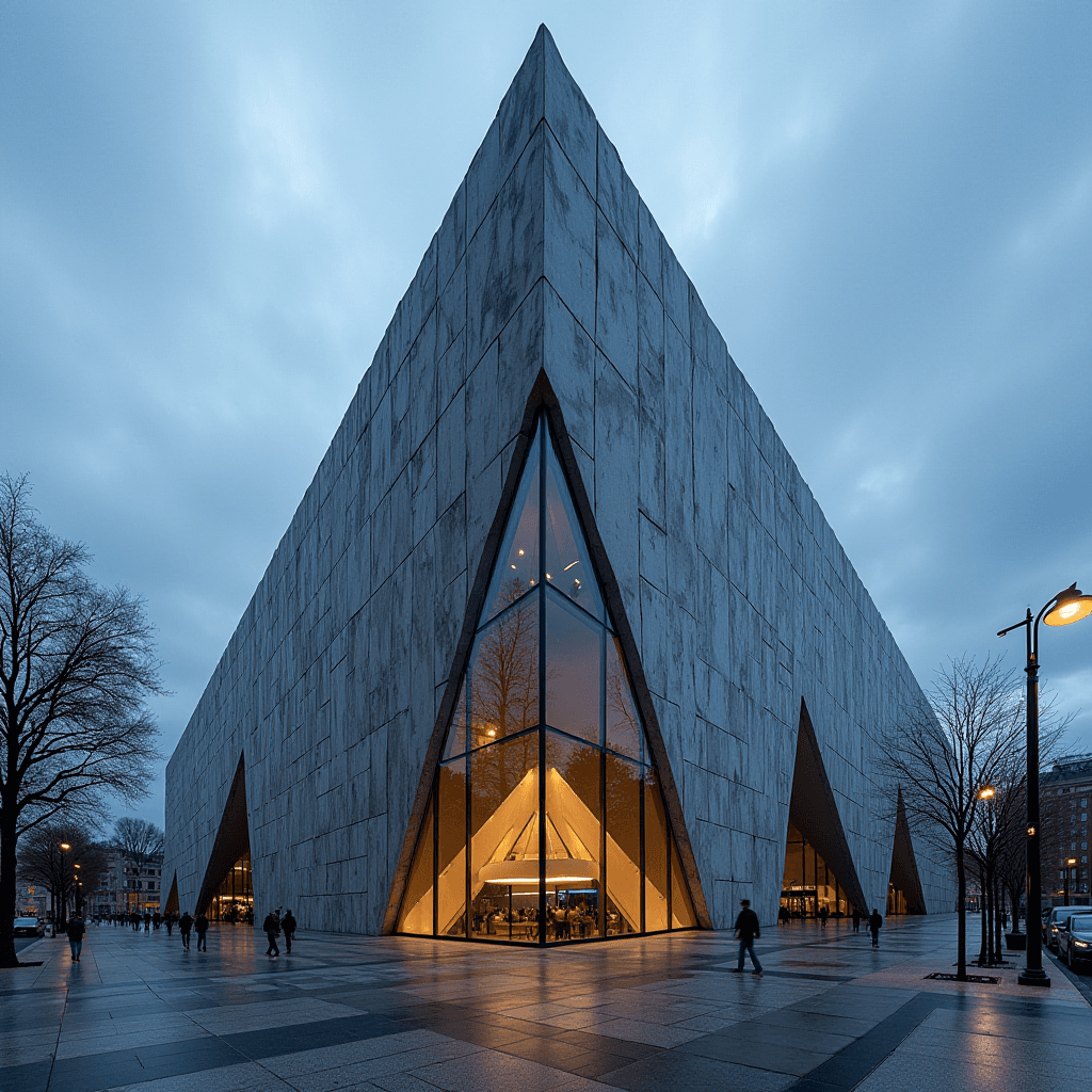 A modern, angular building with large triangular glass windows glows warmly from inside against a cloudy evening sky.