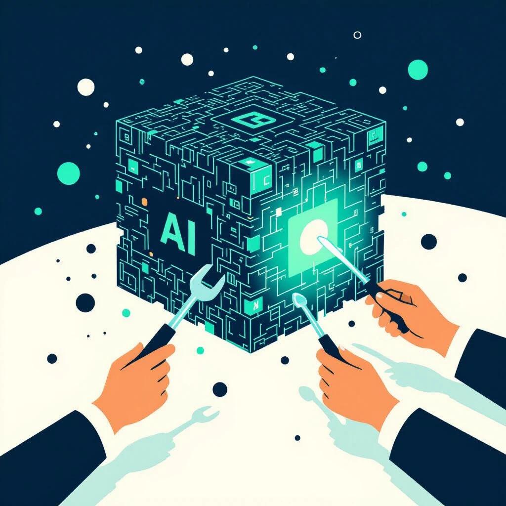 Abstract illustration shows large complex cube made of digital data in teal and black colors Hands working with simple tools sculpt cube from chaotic to strategic shape Inner structure is polished and harmonious Glowing node in chaotic data symbolizes management by exception Image represents human strategy in AI world Minimalist flat design on cream background