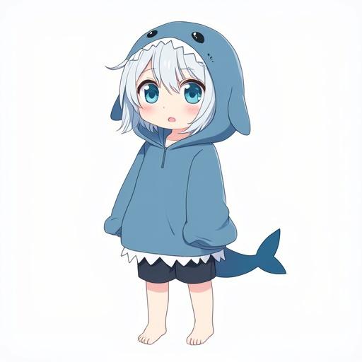 Anime girl wearing a shark hoodie with blue eyes and white hair. Youthful and cute appearance. Stands barefoot, displaying the shark tail. Light blue oversized hoodie with teeth design. Dark shorts underneath.