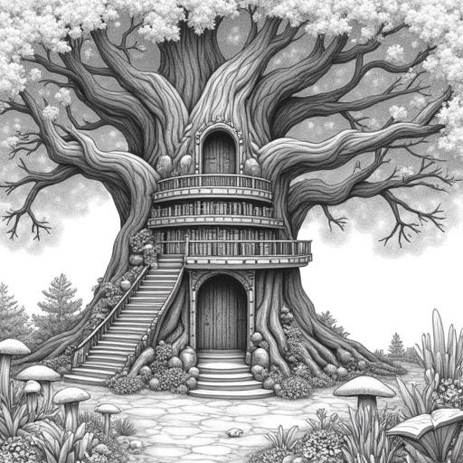 Black and white intricate line art of a large gnarled tree transformed into a circular library. Features a multi-story structure made of wood with steps winding around the trunk. Displays shelves filled with books and magical items. Surrounded by a mystical forest filled with wildflowers and glowing mushrooms. Path leading deeper into the woods. Detailed and clean lines without color.