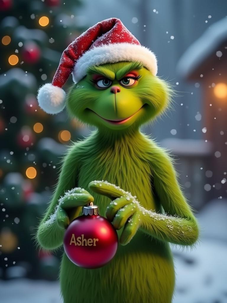 Grinch character holds a red Christmas bauble with the name Asher. Snow falls in the background. Christmas lights twinkle in the scene.