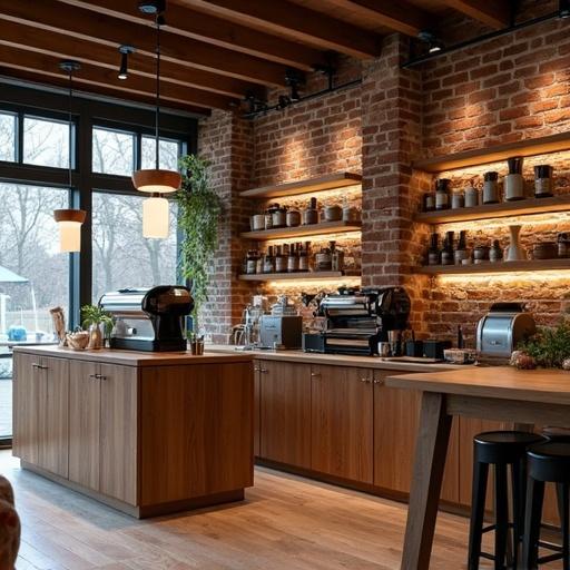 Stylish coffee shop interior with wooden bar and coffee equipment. Soft warm lighting from pendant lamps. Shelves filled with coffee supplies. Large windows offering outside views. Cozy modern cafe design with a touch of exposed brick and country western timber style.
