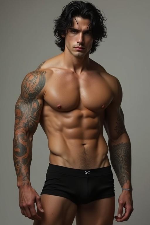 A man stands wearing only underwear showcasing big muscles on arms and stomach along with strong legs. He has black hair and prominent tattoos on his arms.