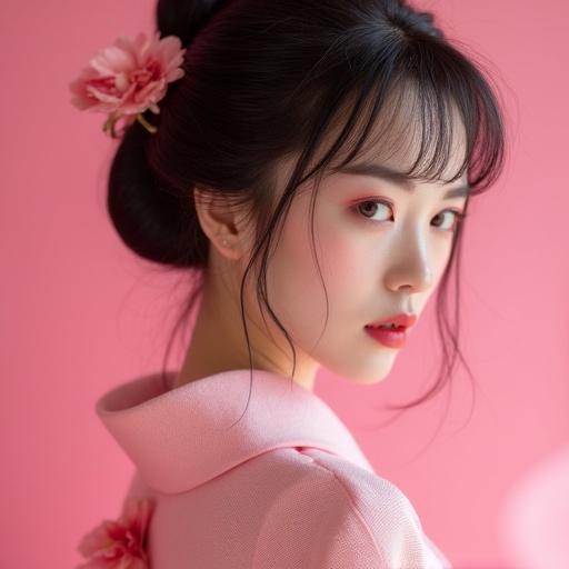 Portrait of a beautiful Japanese woman wearing pink with flowers in her hair against a pink background. Styling is glamorous with soft lighting.
