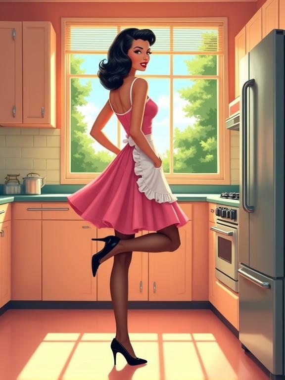 Vector art in a retro-style kitchen. Glamorous housewife in vintage pink dress with frilly apron. Black sheer stockings and high heels. Glossy black hair in vintage waves. Subtle makeup with red lipstick. Flirtatious pose showing confidence. Kitchen features retro cabinetry and a vintage oven. Large window brings sunlight and green trees view. Shiny reflective floor. Clean polished look reminiscent of vintage advertising.
