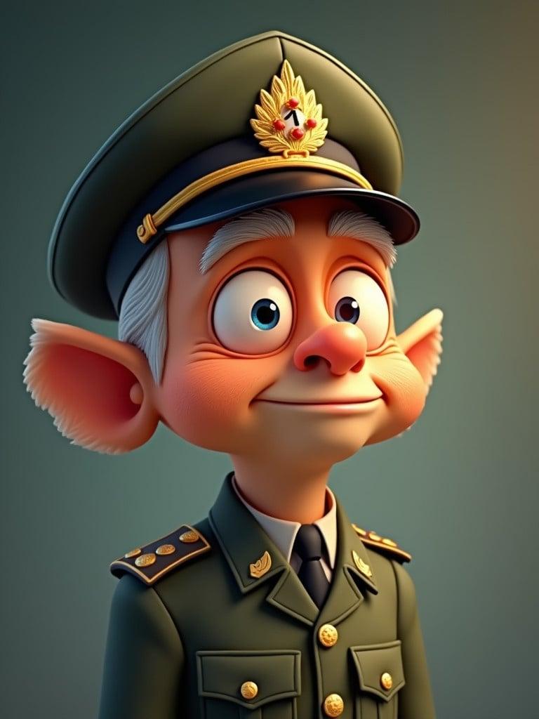 Cartoon character fish in military uniform hat. Serious demeanor. Animated style. Old appearance. Character has prominent features. Fresh and colorful design.