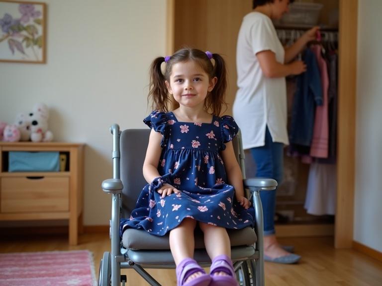 Photo of a twelve-year-old girl with dark hair in two braided pigtails wearing a dark blue dress with pink patterns and purple sandals. She is securely seated in a rehabilitation child seat in a children’s room. A mother is seen in the background looking for a new dress from the wardrobe.