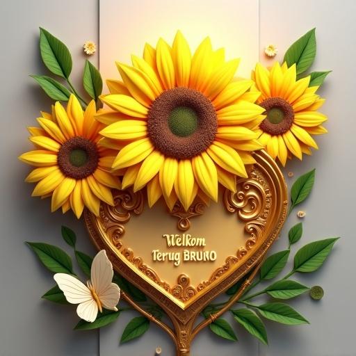 Cheerful greeting card with a 3D render of a yellow sunflower over a heart-shaped base. Sunflower has golden petals and heart base has intricate design in gold finish. Text 'WELKOM TERUG BRUNO' in elegant gold lettering. Green leaves and a white butterfly enhance the scene against a grey background.