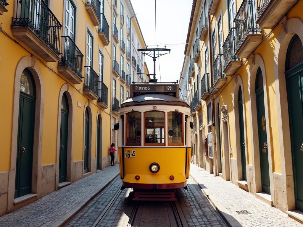 A vibrant yellow tram travels through the charming streets of Lisbon, Portugal. The tram is distinctive, showcasing the traditional style that the city is famous for. It glides along the rails, flanked by beautifully detailed buildings with ornate facades. The architecture is a mix of modern and historic, highlighting Lisbon's rich cultural heritage. Sunlight casts soft shadows, creating a warm and inviting atmosphere as the tram makes its way around a gentle curve of the narrow street.