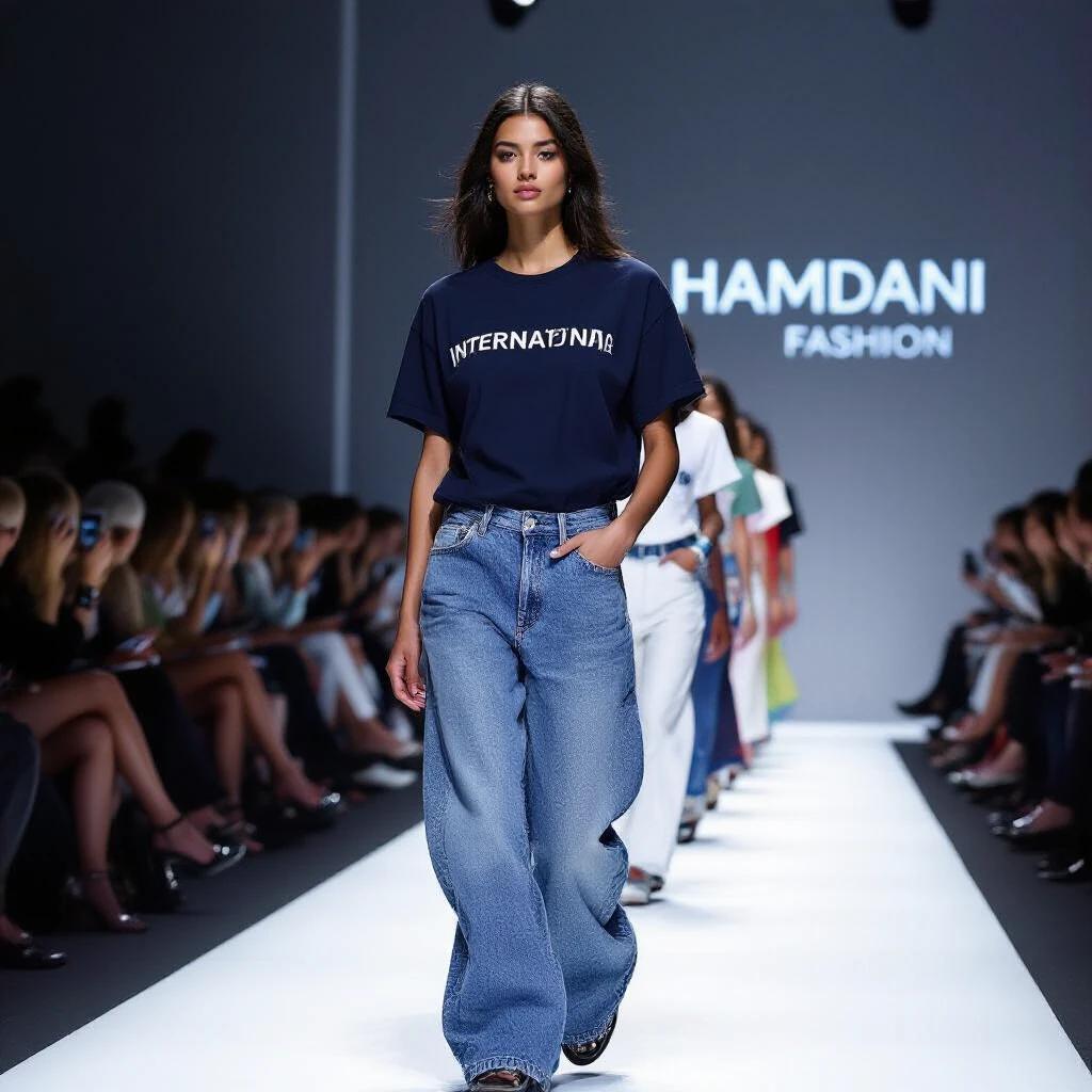 Chic fashion scene featuring a model in casual jeans and T-shirt. Model showcased in an elegant catwalk setting. Soft lighting enhances dramatic visuals. Audience dressed in formal attire observing the fashion show. Text on the side indicates Hamdani fashion.