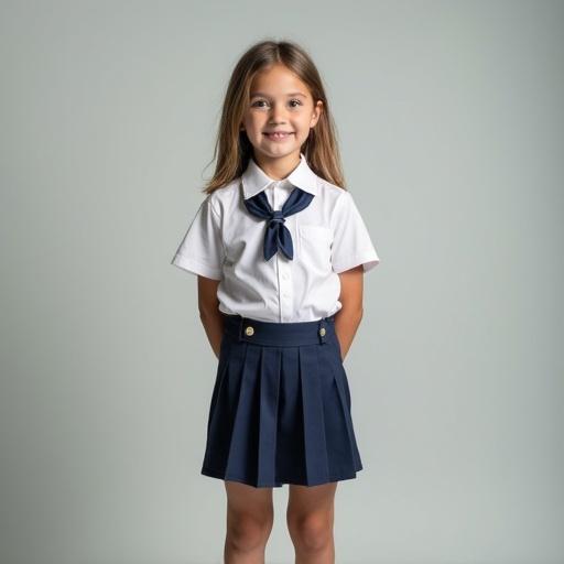 Cute young girl in a school uniform. She wears a white short-sleeve shirt with navy blue suspenders and matching shorts. Full body view facing forward. Friendly smile on her face.