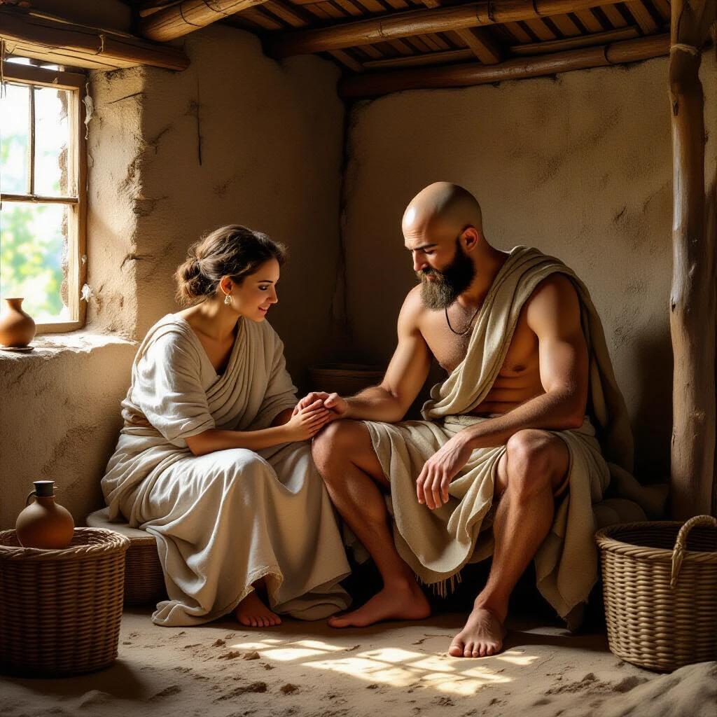 Sudhama sitting in simple hut with his wife. He wears an old dhoti. She gently holds his hand. Worried expression on his face. Modest background with mud walls and a clay lamp.