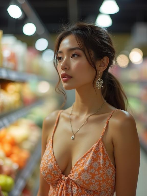 Candid photograph of a beautiful woman shopping for groceries. She gazes at the shelf. Wearing a sundress. Captured in a supermarket setting with a vibrant atmosphere.