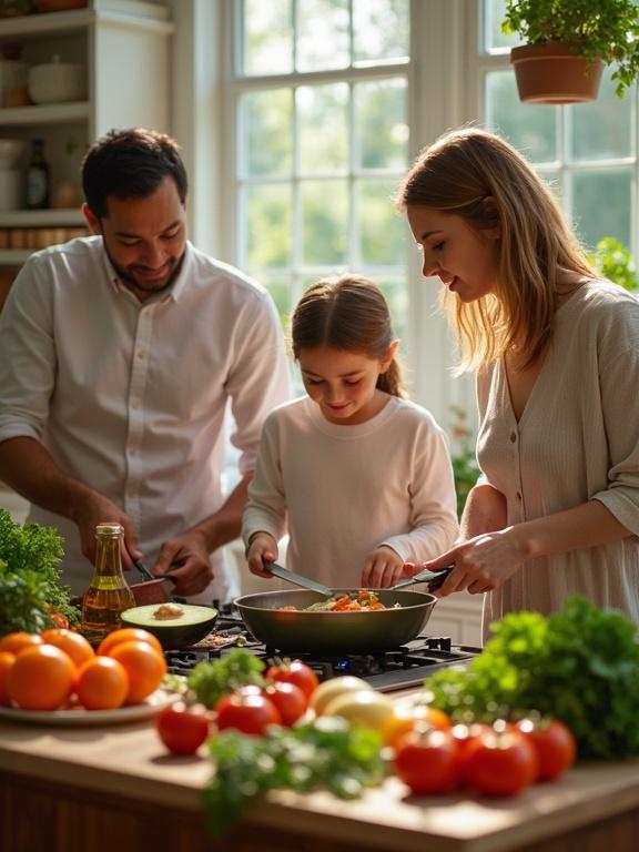 A family is cooking in a kitchen. They are using fresh vegetables and healthy oils. A parent, a child, and another adult are interacting and preparing a meal together.