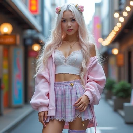 Full-body portrait of a stylish woman with long flowing platinum blonde hair with pastel pink and lavender streaks. Fair skin and light blue eyes with playful expression. Outfit combines modern Harajuku style with medieval influences. Wearing oversized pastel hoodie, lace camisole, layered mini skirt, striped thigh-high socks, and chunky platform shoes. Urban street in Harajuku blurred background with colorful signs and fairy lights. Soft lighting highlights textures and details.
