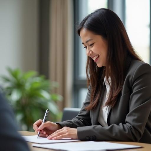 Filipina real estate agent focused on closing a deal. She is sitting at a desk with documents and a pen. Natural light enhances her professional demeanor.