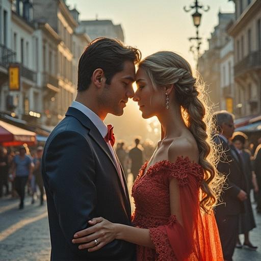 A couple stands close together against a warm sunset. They are dressed elegantly. The man wears a suit while the woman wears a beautiful red dress. The scene is lively with people in the background. The focus is on their love.