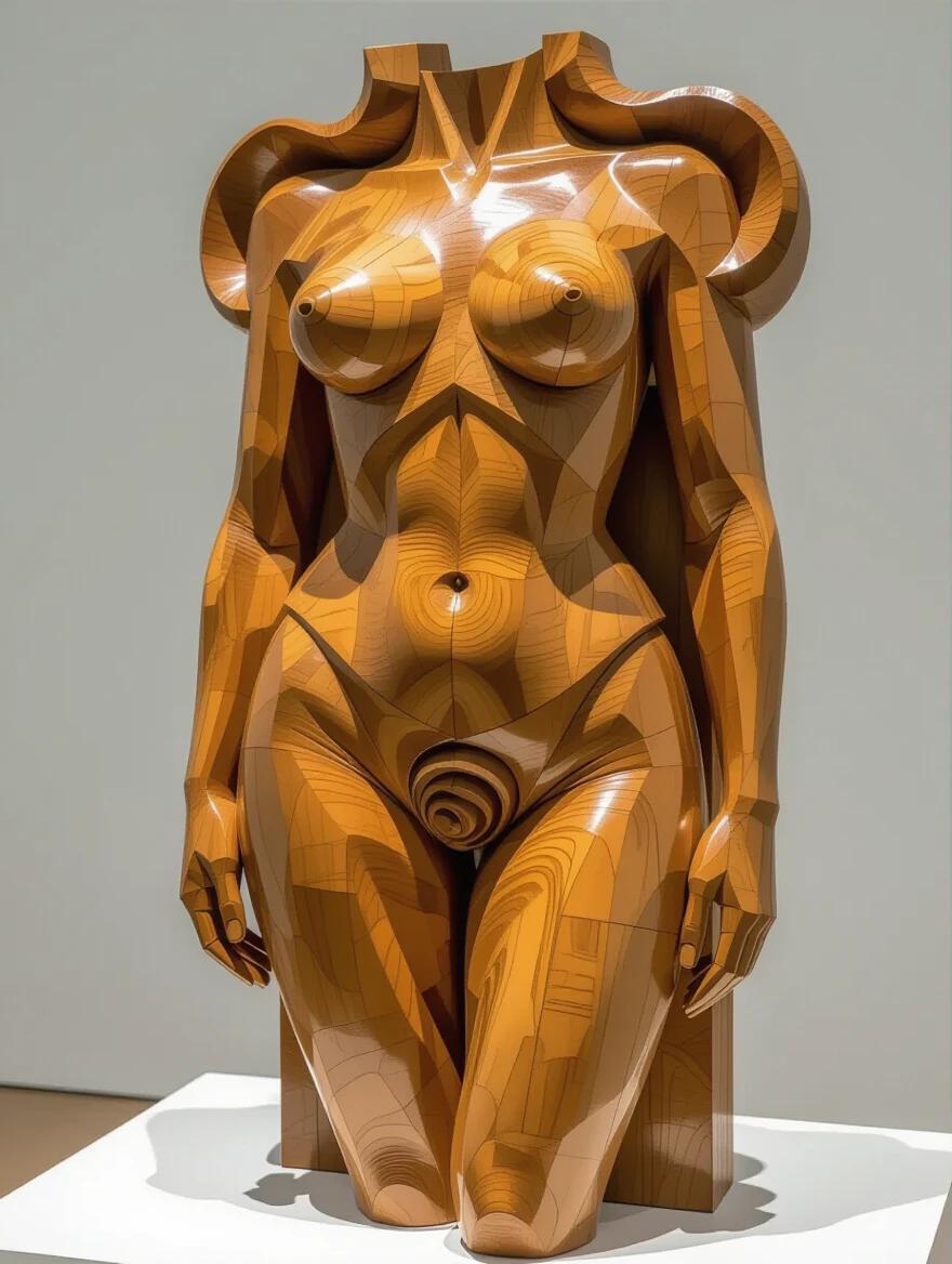 3D sculpture of a wild naked woman made entirely of wood. Sculpture depicts natural wood forms assembled into an abstract body. Large piece stands in front of a wooden box. Light wooden pieces hang from threads and shift with air currents. The sculpture evokes a sense of movement and transformation.