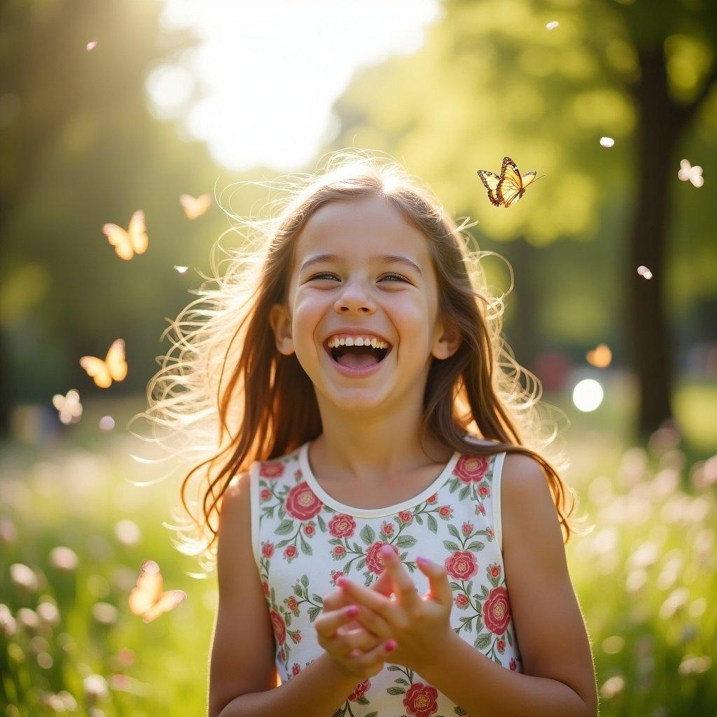 A young girl enjoys a moment in a lush green field surrounded by butterflies. She has long hair flowing in the gentle breeze. The scene captures the essence of childhood joy and innocence.