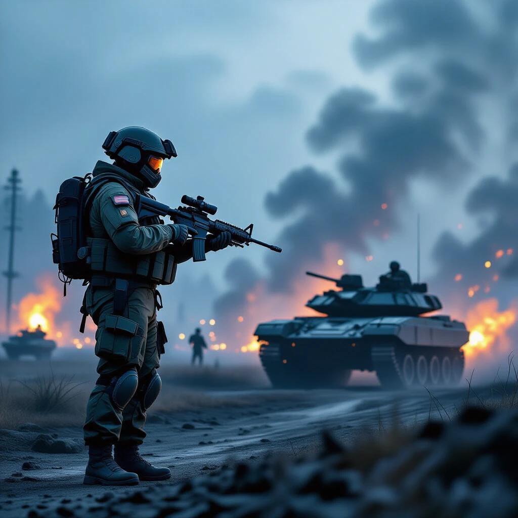 Image depicts a futuristic war scene blending sci-fi and military elements. A soldier in high-tech combat suit stands alert with a scoped rifle, indicating a mission. Smoke and explosions create a tense atmosphere, reflecting intense combat. The color tone is predominantly cool, highlighting technology, with warm tones enhancing drama. The image is a detailed 3D rendering, immersing viewers in a virtual battlefield.