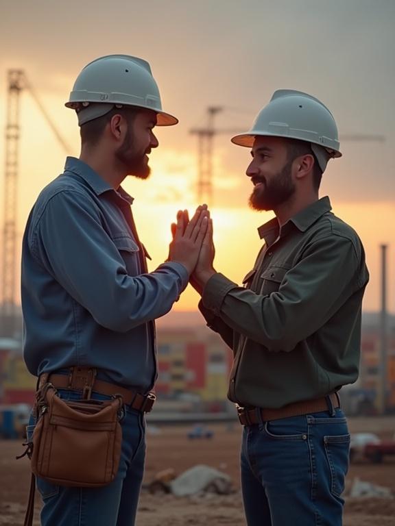 Two construction workers shaking hands at sunset. One wears a blue shirt and helmet; the other in green shirt and helmet. Background shows cranes and buildings.