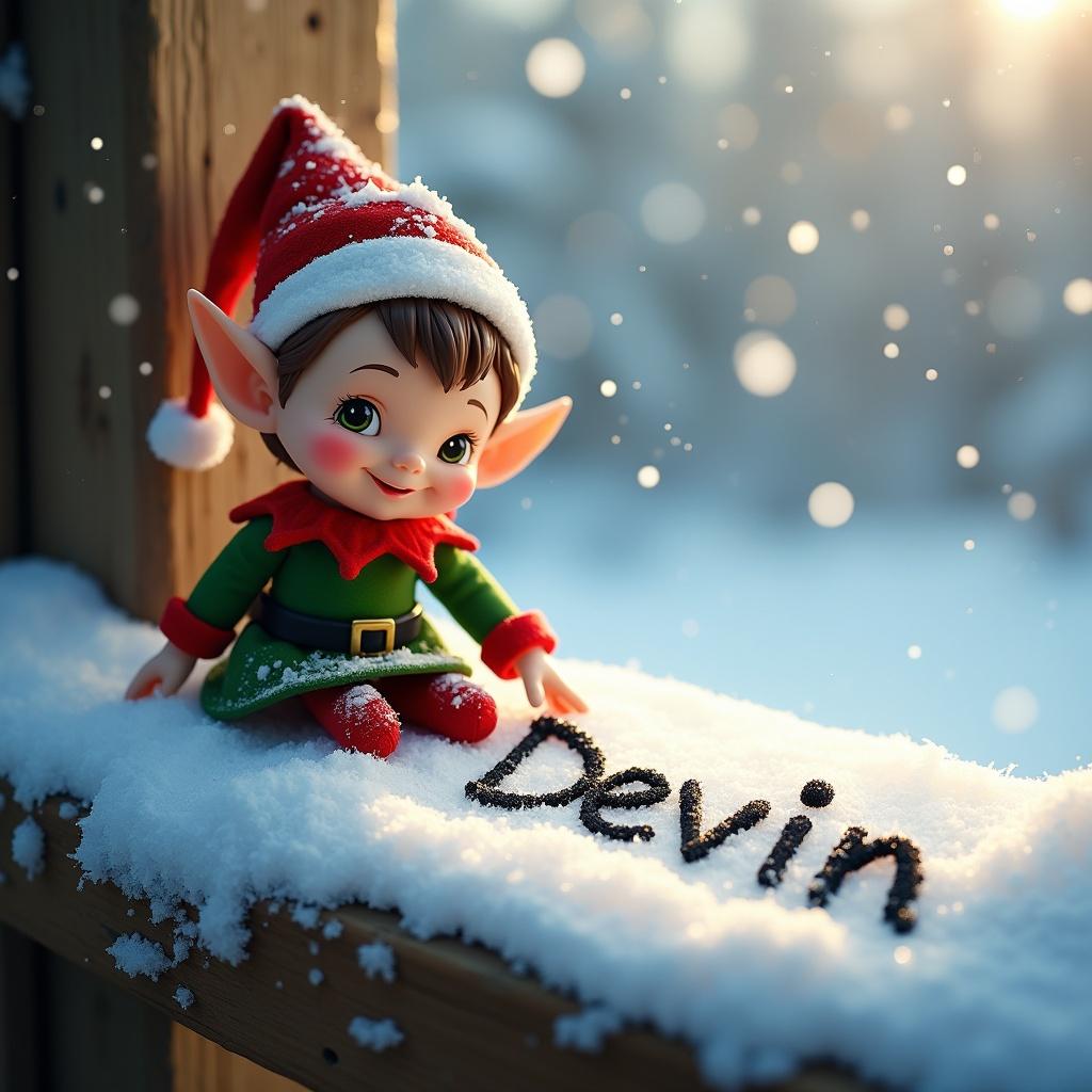 Elf doll wearing a Christmas outfit writes Devin in snow on a wooden ledge. Soft sunlight glimmers in the background with glowing snowflakes.