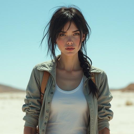 Close-up of a female soldier with dark hair and light eyes. She wears a grey short jacket and white short t-shirt. Grey pants and boots are visible. Gear is in place. Background shows a white desert under a sunny blue sky. The image emphasizes details and texture.