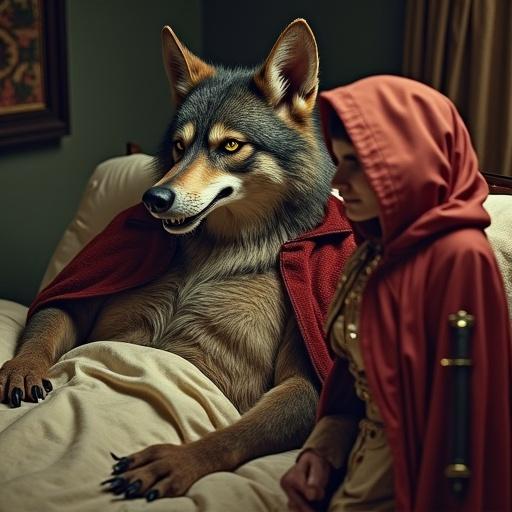 Anthropomorphic wolf with a long snout and grotesque disguise reclines in bed. Little Red Riding Hood stands by the bedside in a leather jacket. She smirks while pulling a gleaming pistol from her cloak.