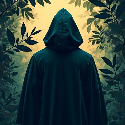 A dark teal hooded figure stands amidst lush foliage. The figure is in a contemplative pose. Leaves and branches surround. Soft light creates a twilight atmosphere. Circuit-like patterns are on the figure’s forearms. Artistic, detailed design of cloak and hood. Mysterious and introspective mood.