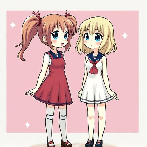 Two anime-style girls standing side by side. One has brown hair in pigtails wearing a red top and gray skirt with stockings. The other has blonde hair styled down wearing a white dress with a blue collar. They appear cheerful, set against a soft pink background.