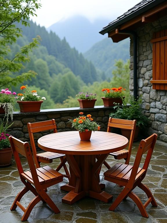 Outdoor garden dining area with a round wooden table and four matching chairs. Terracotta flower pots around flowers. Rustic stone cottage with a cozy feel. Scenic mountain landscape in the background with greenery and mist.