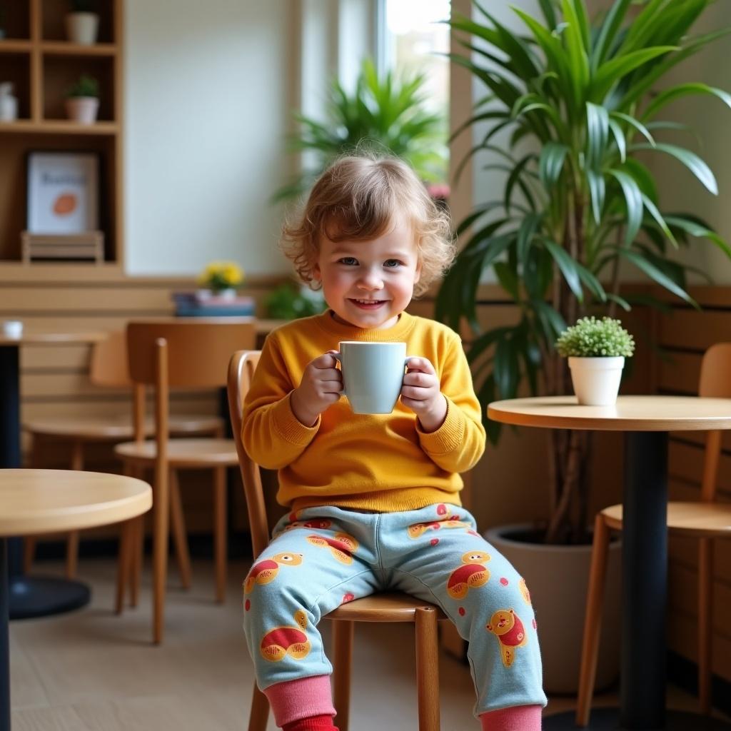 The scene features a cheerful child sitting in a cozy café. The child is wearing bright yellow sweater and colorful jogger pants, designed with fun patterns. The background showcases a soft, inviting cafe environment, complete with plants and wooden furniture. Natural light fills the space, enhancing the warm ambiance. The child holds a small cup, smiling joyfully, embodying a lively, carefree moment in a family-friendly setting.