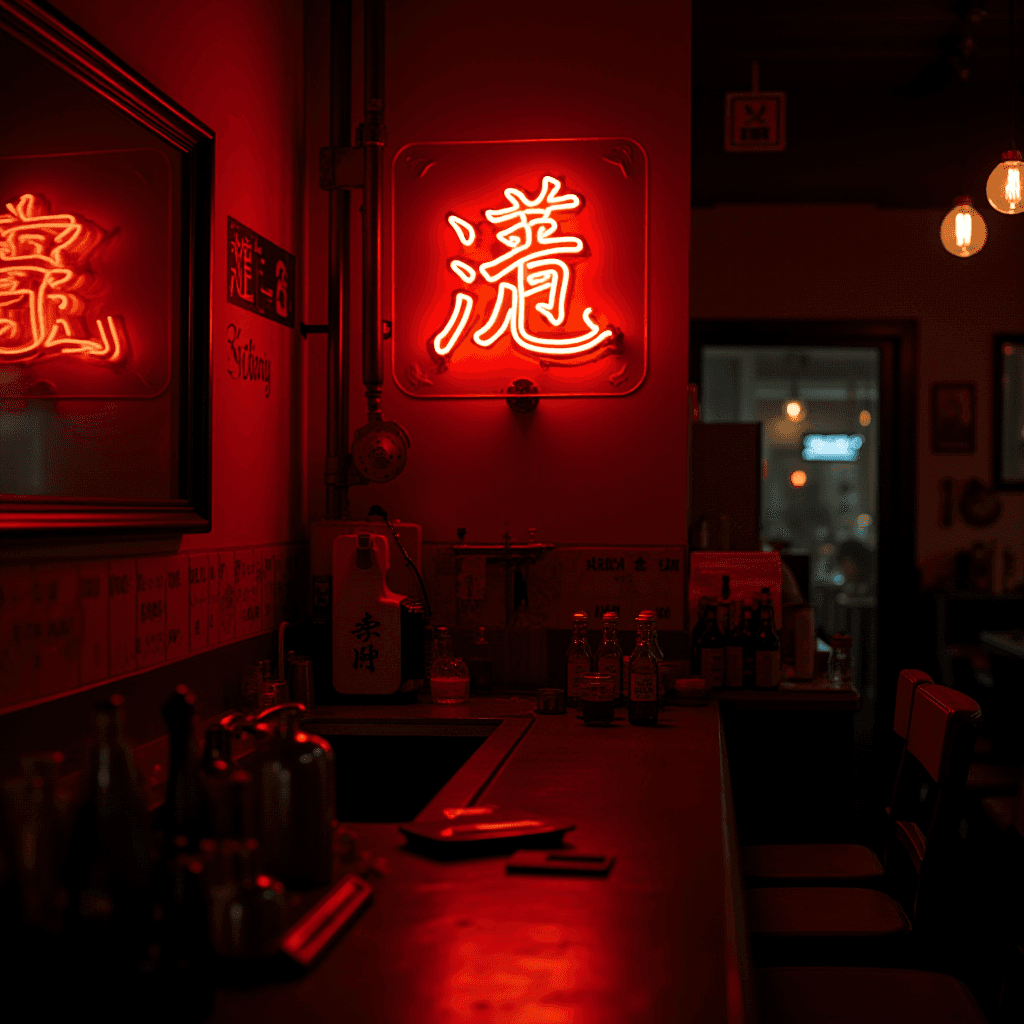 This image features an interior setting of a dimly lit bar or restaurant, accentuated with atmospheric red lighting. A prominent red neon sign with Asian characters casts a warm glow across the room. The bar counter is visible in the foreground, cluttered with various bottles and glasses, indicating a lively drink-serving area. There is a mirror reflecting the neon sign, enhancing the ambient illumination. The background shows a hint of another room through an open door, with subtle lighting suggesting a cozy environment. The overall mood is intimate and inviting, perfect for a late-night gathering.