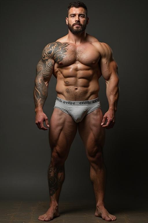 A muscular man in underwear showcasing prominent biceps, abs, and legs with tattoos on the body, full body shot.