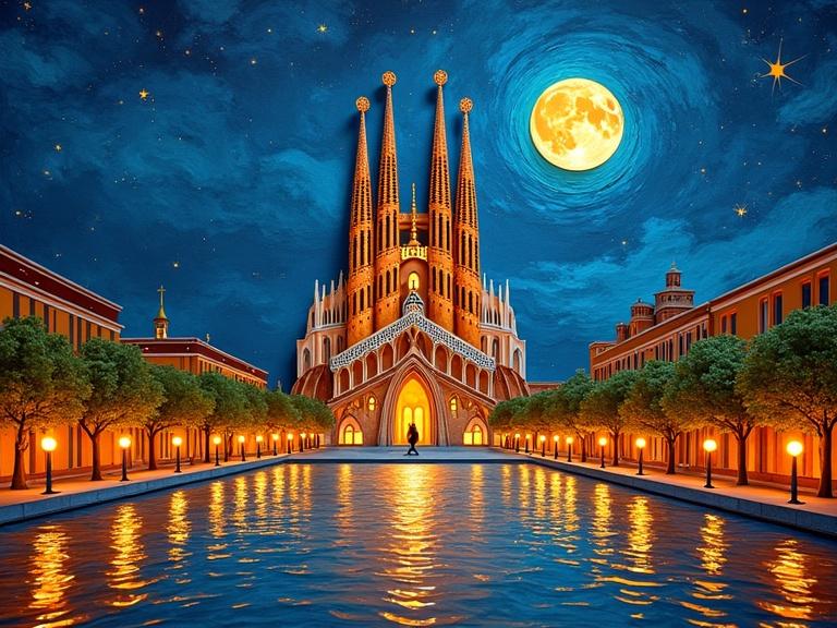 Stunning 3D papercraft artwork depicting the Barcelona skyline at night. Sagrada Familia stands tall under a bright full moon. Vibrant colors reflect off the square in front. Thick textures create depth inspired by Van Gogh. A beautiful cityscape with layered elements and soft focus.