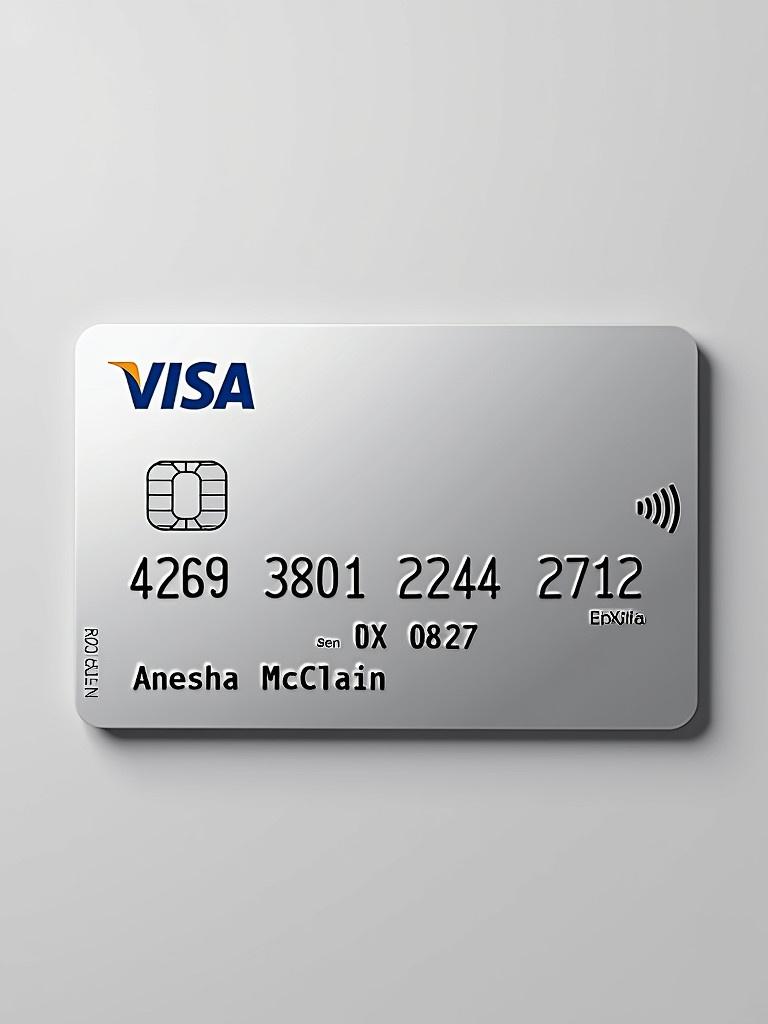 Realistic depiction of a Visa credit card. Card number is 4269 3801 2244 2712. Name Anesha McClain under Visa logo. Expiration date is 08/27. Clean silver background with bold black font.