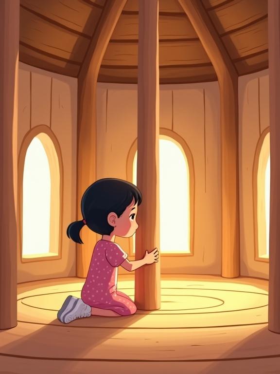 Digital illustration of a little girl kneeling in a wooden house. She is holding a wooden pillar while restoring it. The scene is calm with soft lighting. The girl is wearing a pink polka-dotted dress and white shoes. The wooden interior has five symbolic pillars and glowing light.
