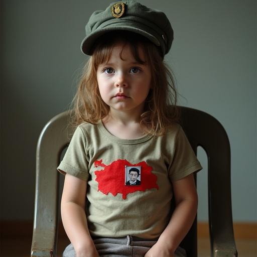 A girl sits on a plastic chair with a sad expression. She wears a soldier's hat. A red map of Turkey on her shirt has a soldier's photo pinned with blood drops.