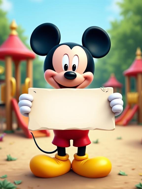 Mickey Mouse character illustration. Smiling and holding a blank sign. Set in a colorful playground environment.