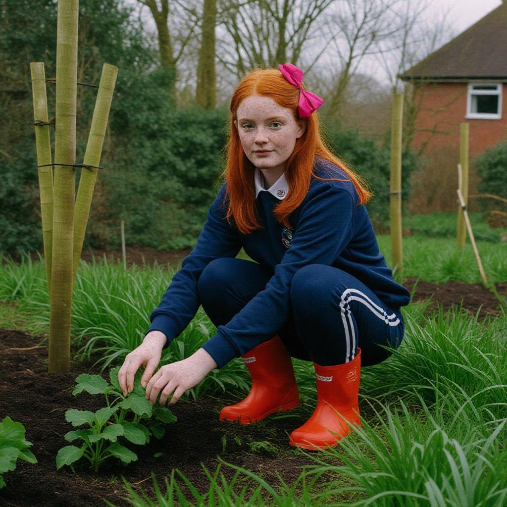Human girl with red hair in pink bow squatting in school garden. She's wearing navy blue tracksuit and orange boots. Focused on planting.