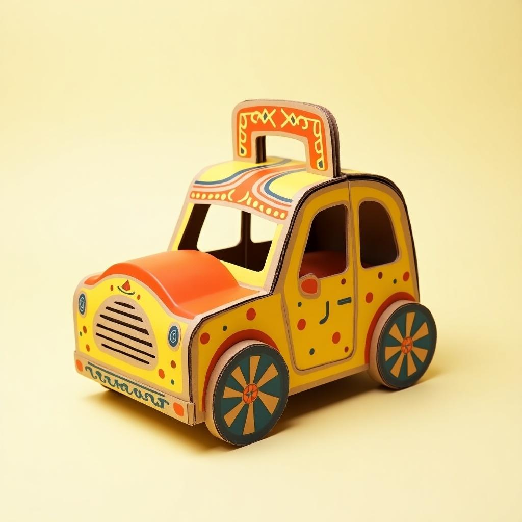 A small 3D package resembling a car suitable for fruit packaging for children. Bright colors appeal to kids. Two overlapping levels create a box with a lid. Also serves as a toy. Features sections for different products. Includes a handle adorned with pharaonic art decorations. Actual implementation is possible.